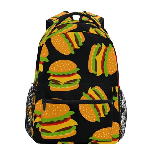 Hamburger Black Backpack for Boys Girls Kids Bookbag Laptop Tablet Travel School Bag with Name Tag