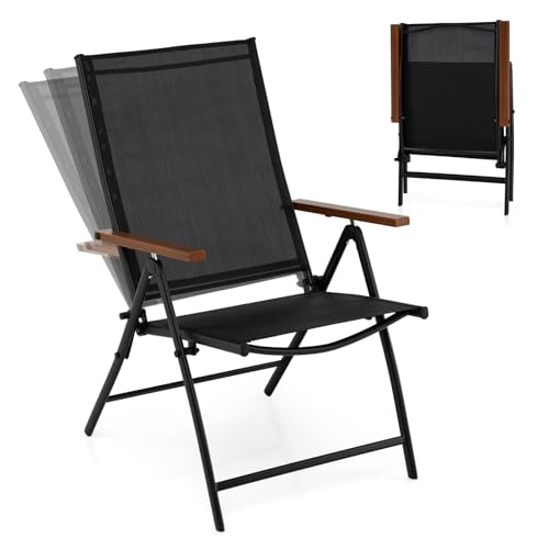 GOPLUS 2er Set Gartenstühle klappbar, hochlehner Klappstuhl mit 5-Fach verstellbar & Armlehnen, Balkonstuhl aus atmungsaktivem Gewebe für Garten Balkon Terrasse,blastbar bis 150 kg