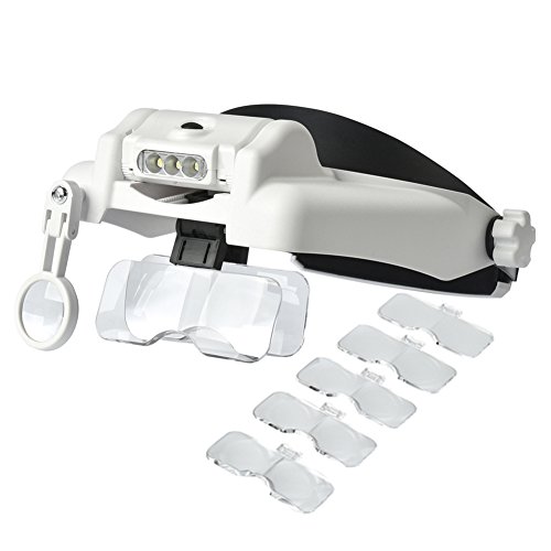 Image of Headband Magnifying Glass with Light 1.0X to 14X, Handsfree Head Mount Magnifier, 5 Interchangeable Lenses Visor Headset Loupe Tools for Close Work /Reading /Jewelry /Crafts /Repair