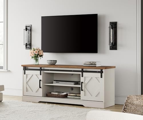 Image of WAMPAT Farmhouse Style TV Stand for 55-65 inch TV w /Distressed Wood Finish