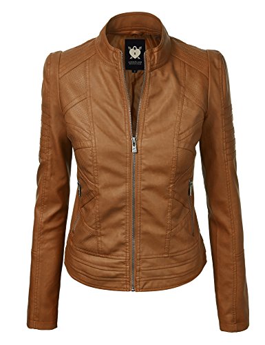 LL WJC746 Womens Vegan Leather Motorcycle Jacket XS CAMEL at