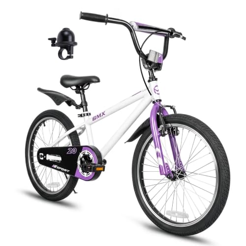 Yventix 20 Inch Kids Bike, BMX Style Children Bicycle for Boys Girls Ages 6-12 with Kickstand Adjustable Seat High Carbon Steel Frame, Beginner Rider Cycling, Purple White