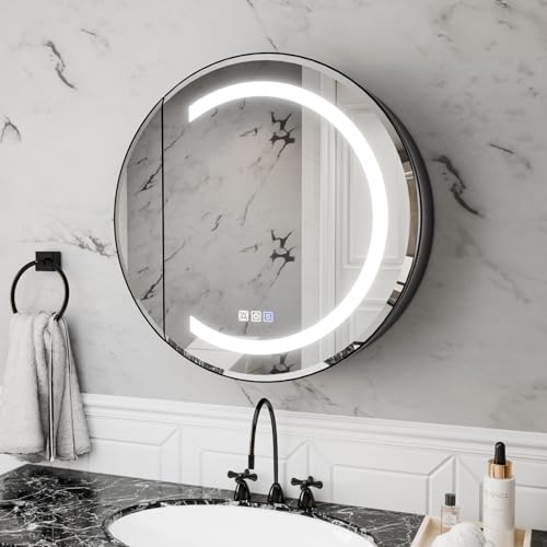 ComfyStyle Armário de remédios redondo brilhante de 61 cm com iluminação preta, espelho redondo de LED com temperatura de cor contínua com prateleiras ajustáveis, armário de banheiro com moldura de