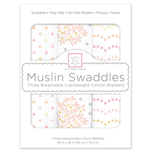 Image of SwaddleDesigns Muslin Swaddle Blankets, Swaddle Blanket for Baby Girl, Heavenly Floral Pinks with Touch of Gold Shimmer, Set of 3