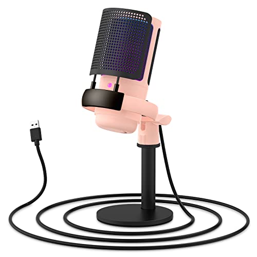 Wangbangyin Gaming Microphone, Condenser Mic on Mac/PS4/PS5, USB Microphone for PC with RGB Control, Touch Mute, Gain knob & Monitoring Jack for Recording, Streaming, Podcasts, YouTube, Twitch (Pink)