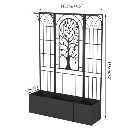 Metal Planter Box with Trellis, Raised Garden Bed with Trellis Privacy Screen, 62 inch Tall Trellis Planter for Climbing Plants, Flowers, Vegetables, Fruits, Balcony and Patio Decor (Black)