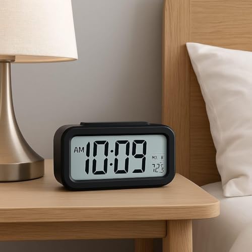 Image of Hiply Digital Alarm Clock with Large LCD Display, Auto Brightness Sensor, Dual Alarm Snooze Function, Date Day Temperature Display - Compact Bedside Table Clock for Bedroom, Office & Travel