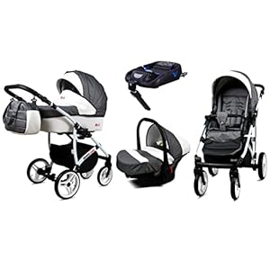 BabyLux Kinderwagen 4in1 White Lux Isofix Basis Kinderwagen Tiefschlafwagen & Autositz OEKO-TEX STANDARD 100 Zertifiziert 60cmx95cmx115cm 14 kg Grey Cubic