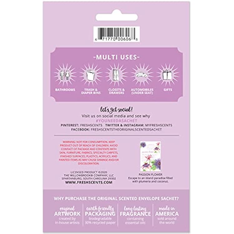 Willowbrook | Fresh Scents Scented Sachet Packet | Passion Flower | Air Freshener Bags for Drawers, Closets, Cars | 3 Pack | Long Lasting Home Fragrance