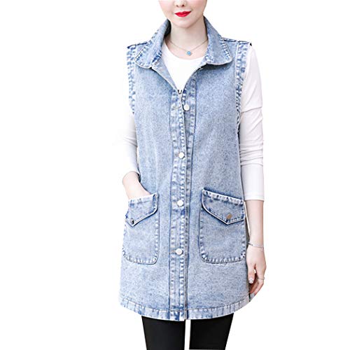 Hixiaohe Women's Mid Long Lapel Denim Vests Sleeveless Jean Jacket with Pockets (03 light blue, S)