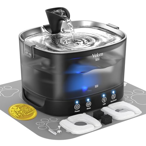 Veken Cordless Cat Water Fountain with Stainless Steel Tray & Secure Clips 5200 mAh Battery Operated Pet Drinking Dispenser with LED Light 85oz/2.5L Wireless Fountain for Cats Dogs and Small Pets
