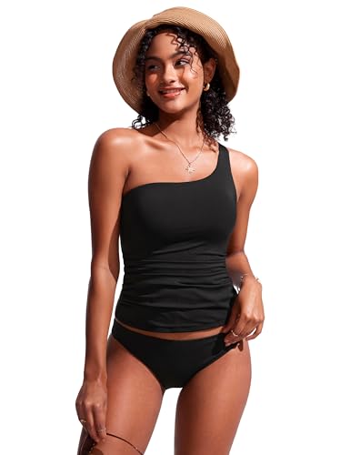CRZ YOGA One Shoulder Tankini Tops for Women Ruched Bathing Suits Tummy Control Adjustable Swimsuit Only No Bottom Padded3