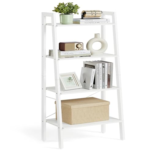 VASAGLE Estantería de Escalera, Estantería de 4 Niveles, para Salón, Dormitorio, Cocina, Oficina en Casa, Estilo Moderno, Marco de Acero, Blanco Arce y Blanco Perla LLS044W44