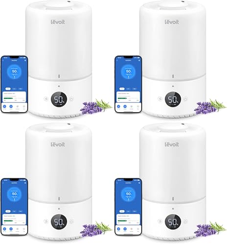 Image of LEVOIT Smart Cool Mist Top Fill Humidifiers for Bedroom with Sensor,Auto Humidity Setting,APP&Voice Control,Essential Oil Diffuser,Ultra Quiet Operation,Super Easy Top Fill,3L,White (Pack of 4)
