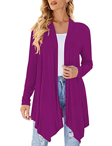Women's Draped Front Open Cardigan Casual Long Sleeve Lightweight Cardigan Sweaters Duster, Magenta Purple, L Women's Draped Front Open Cardigan Casual Long Sleeve Lightweight Cardigan Sweaters Duster, Magenta Purple, L