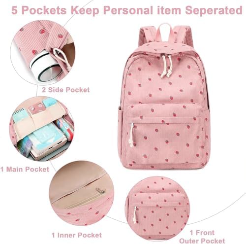 Bluboon Backpack for School Girls Backpack Cute Corduroy Bookbag Kids Backpack Laptop Backpack Gifts for Women, Corduroy Strawberry Pink, Classic — view 3