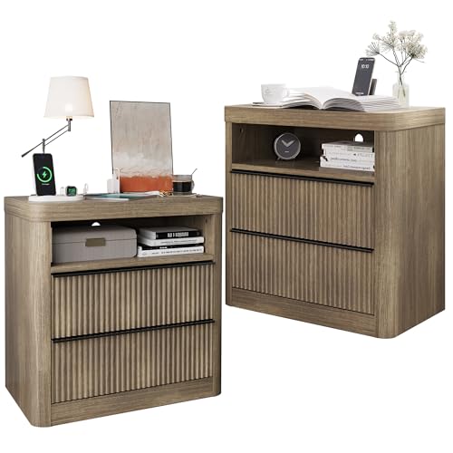 Image of Night Stand Set of 2, Nightstands with Drawer Storage Bedside Table Large Modern nightstand with USB Port and Outlet, mid Century nightstand for Bedroom,Sofa Table(Grey Alder)