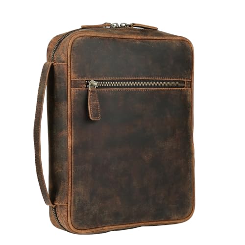 Leather Bible Cover for Men & Women Zippered Bible Case with Handle Note & Pen Organizer Fits Large Study Bible 11.5x8.5 Inch (Hunter)