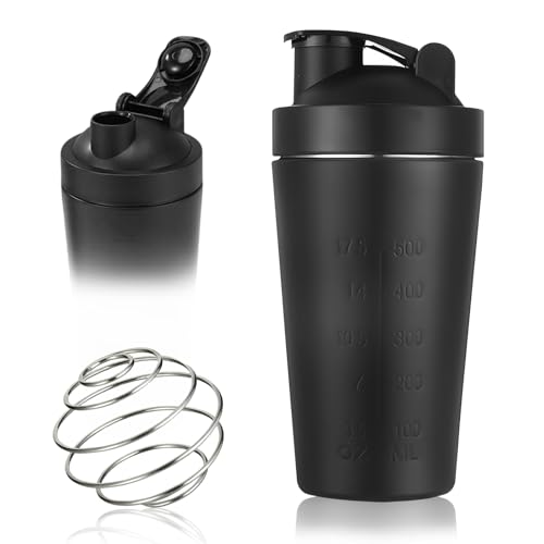 Protein shaker bottle with stainless steel mixer ball, 500 ml, sealed lid with flap, cocktail mixer, BPA-free Proteinshaker Gym Fitness Flasche Eiweißshaker Shakebecher für Cremige Proteinpulver Whey