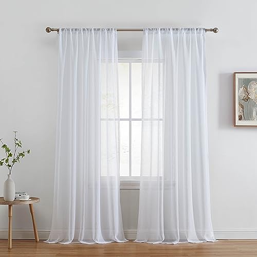 HLC.ME Penelope - White Semi Sheer Curtains - Faux Linen Curtains, Semi Sheer Privacy Light Filtering Floor Length Window Curtains Drapery Panels Bedroom & Living Room, 2 Panels (54 W x 84 L, White)