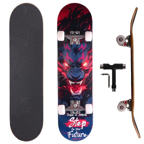 Image of Skull & Wolf Professional Double Kick Skateboard, 31 inch Maple Deck, ABEC-9 Bearings, 97A PU Wheels