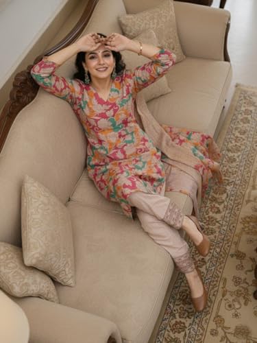 Image of GoSriKi Women's Rayon Viscose Straight Printed Kurta with Pant and Dupatta | Floral Pattern Three Piece Outfit | Soft Comfortable Fabric | Elegant Office and Occasion Clothing