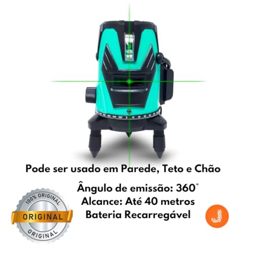 Nível Laser de Linha Cruzada, Alcance de 40 Metros, Laser Verde, Bateria Recarregável, Suporte Ajust