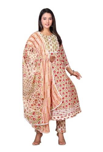 Image of Queens World Women's Anarkali Pure Cotton Floral Printed Kurta Pant Set With Dupatta (M To 2XL- Size)