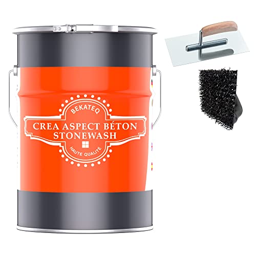 BEKATEQ Aspect béton Gris béton 6kg, STONEWASH Style jusqu'à 15m², Enduit effet béton avec outils, béton apparent, décoration murale sans joints pour salle de bain, toilette, salon, bureau S1002