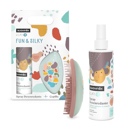 Suavinex, Set Spray Desenredante de Pelo para Niñas y Niños + Cepillo Desenredante Sin Tirones, Sin Aclarado, Fragancia Frutal, Sin Alérgenos, 96% Ingredientes Origen Natural, de 3 a 10 Años, 250 ml