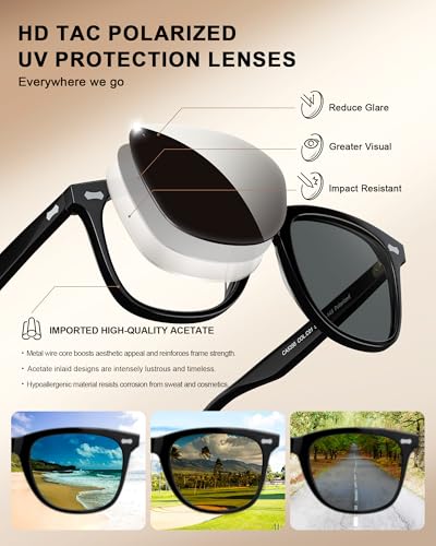Image of CARFIA Thick Polarized Sunglasses for Men UV400 Protection, Retro Square Hand-crafted Acetate Driving Shades CA5356