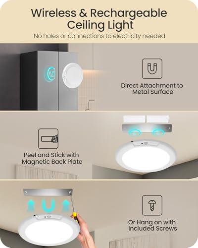 Image of Rechargeable Motion Sensor Ceiling Light with Remote, Wireless Ceiling Light, Battery Operated Magnetic Motion Sensor Light, 3CCT, Dimmable Ceiling Light for Shower Closet Stairs Garage Pantry Hallway
