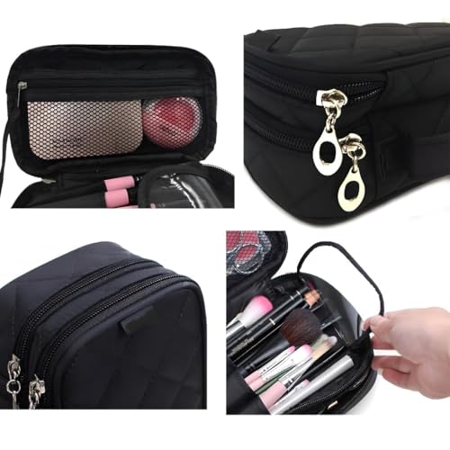 Image of Cosmetic Pouch, Make up Bag for Home & Travel, Toiletry Bag for Cosmetics, Brushes, Accessories Set of 3 - Wash Bag - Light Pink and Black (Blue) (Yellow-H)