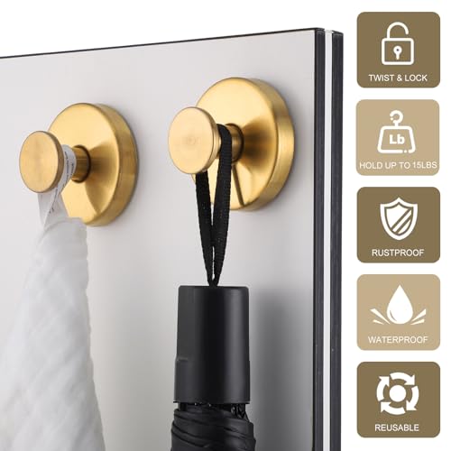 Image of Suction Cup Hooks, 2 Pack Gold Stainless Steel Suction Hooks for Shower | No-Drill, Reusable Removable, Towel Hook Holders for Bathroom Kitchen, For Smooth Surfaces Like Tile, Glass, Mirror