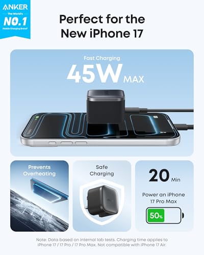 Anker Nano 45W USB C Plug Fast Charging, Compact and Foldable Plug USB C Charger for iPhone 17/16 Series, Pixel 9, iPad, Samsung Galaxy S25 Ultra / S24 Series (6 ft Cable Included)