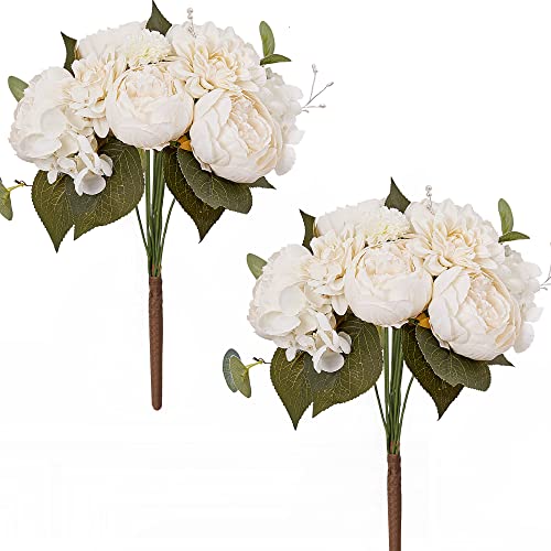 MISSPIN 2Pcs Artificial Flowers Peony Silk Flowers Bouquet Bridal Bouquets Wedding Bouquets Indoor Decoration Silk Flower Decor Wedding Arrangement Bouquet Party Table Anniversary Decor (Ivory White)