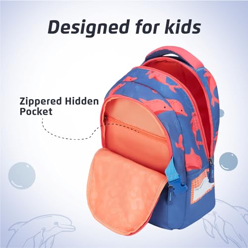 Image of Safari Genius Dolphin 23L Kids Printed Backpack, 2 Compartments, Bottle Holder, Front Pocket, School Bag for Boys and Girls, Bag for Kids, Hidden Pocket