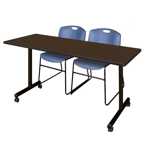Image of Regency Kobe 60 x 24 in. Mobile T-Base Training Table- Neo Walnut, 2 Zeng Stack Chairs- Blue