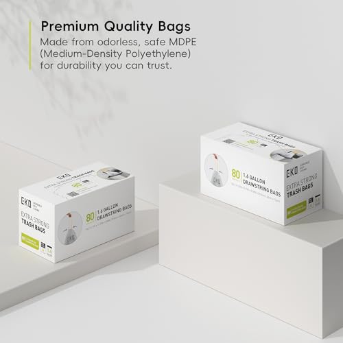 Image of EKO 1.6 Gallon / 3-6 Liter, 80 Count Small Drawstring Trash Bags, Extra-Strong Unscented Garbage Bags, Easy-Dispense Roll for Kitchen & Household Use, Resists Tears, Leaks and Punctures, Code A, White