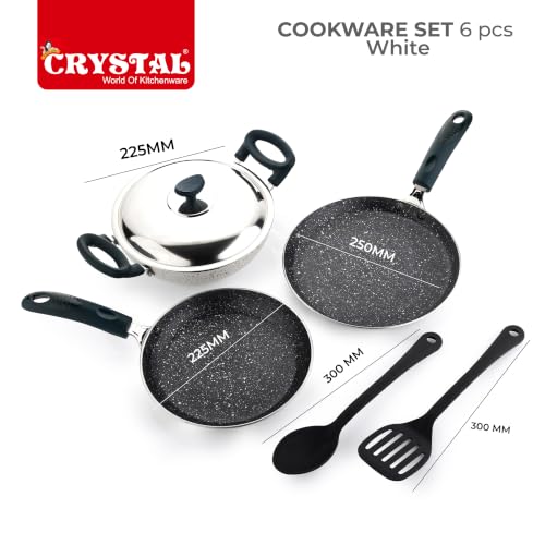 Image of Crystal Aluminum 6 Pcs Non Stick Cookware Set | Gas Stove Friendly | Tawa, Fry Pan, Kadhai with Lid, Laddle & Spatula | Durable 4 Layer Non Stick Coating | PFOA Free | White