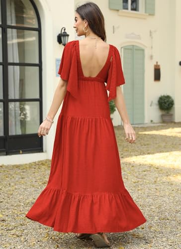 Image of Kikibell Women Summer Dresses Sexy V-Neck Maxi Dress Tiered Silhouette with Flutter Sleeve Backless Elastic Waist Flowy Dress