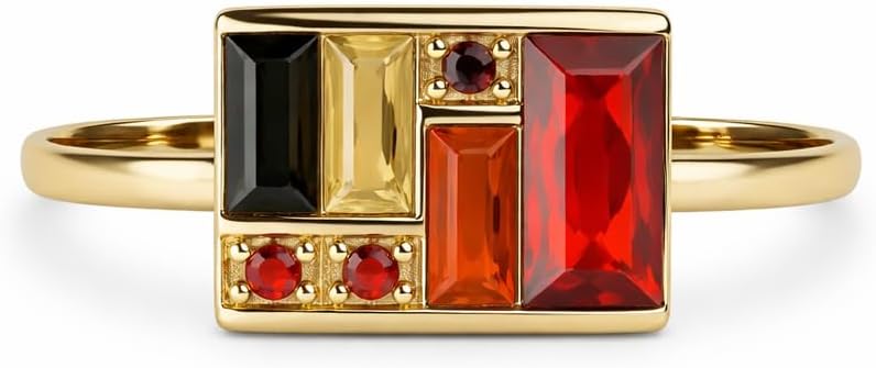 Multi Gemstone Engagement Ring for Women –Solid Yellow Gold Baguette Cut Color Block Statement Wedding & Promise Art Deco Inspired Minimalist Jewelry Gift for Her