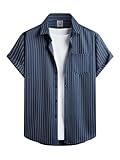 Hardaddy Men's Casual Striped Shirts Button Down Short Sleeve Blouse Summer Hawaiian Shirt Navy L