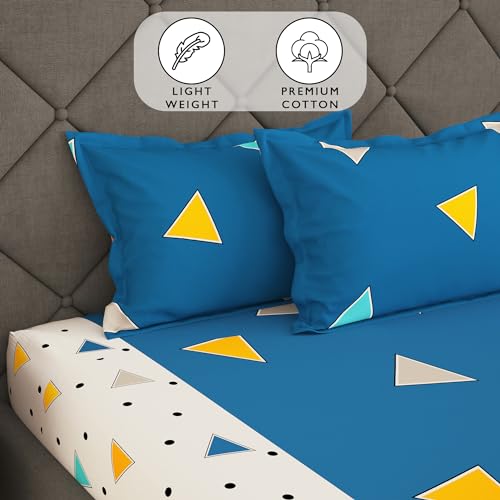 Image of Story@Home Bedsheets For Double Bed With 2 Pillow Covers Geometric,152TC,100% Cotton Double Bedsheet With Pillow Cover,225x250Cm,Blue & White,Triangles Pattern,Home Decor,Ideal For Festive Gifting