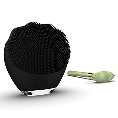 Nettoyant facial et masseur en silicone noir avec rouleau de jade naturel et sa pochette