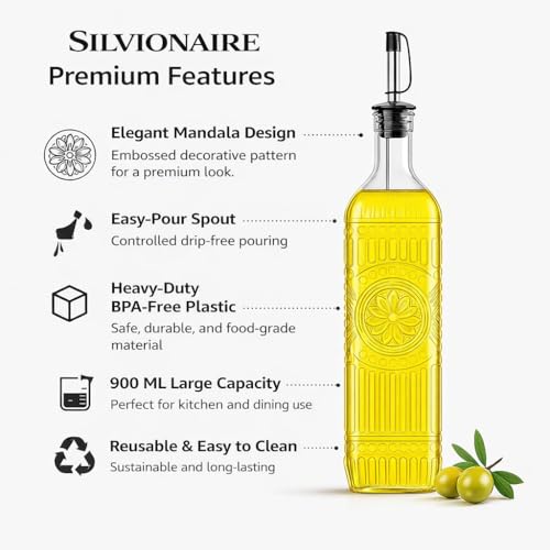 Image of 900ML Oil Dispenser Bottle | Heavy Premium Plastic Oil Pourer with Mandala Design | BPA-Free, Leakproof Cooking Oil Container with Easy Flow Spout for Kitchen (Transparent)