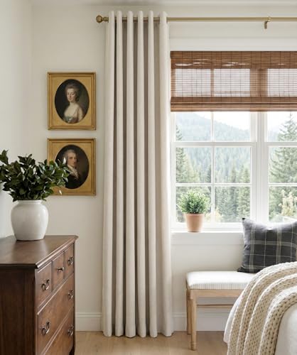 Image of 100% Blackout Shield Linen Textured Total Blackout Curtains for Bedroom 84 Inches Long, Beige Grommet Curtains for Living Room, Thermal Insulated Room Darkening Drapes, 50 inch W x 84 inch L, 2 Panels