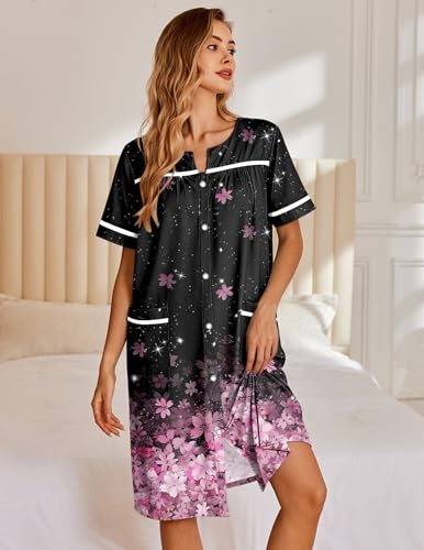 Image of Ekouaer Nightgowns for Women House Dress with Pockets Snap Front House Coat Short Sleeve Duster Moo Moos Sleepwear S-3XL