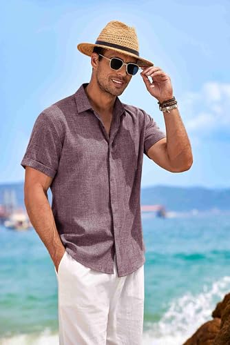 Image of COOFANDY Men's Linen Shirts Short Sleeve Casual Shirts Button Down Shirt for Men Beach Summer Wedding Shirt