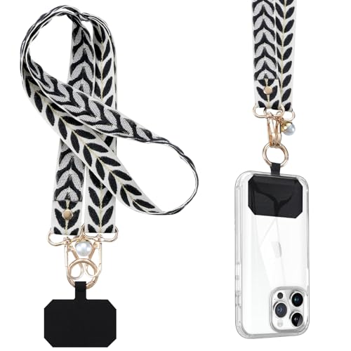 Knrlqim Cordón Correa Cuerda para Móvil Universal, Ajustable Colgar Funda Teléfono Móvil en Cuello,Colgante Correa Compatible con Todas Las Smartphone, con 2 Parches,Negro